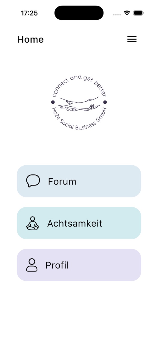 Startbildschirm der App connect and get better mit Forum, Achtsamkeit und Profil
